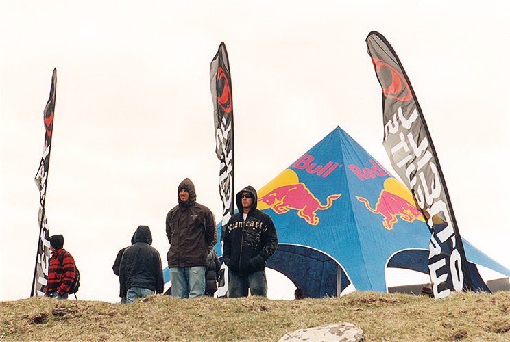 O'Neill flags and Red Bull tent with press spectators at Brims Ness, Scotland, O'Neill Highland Open 2006